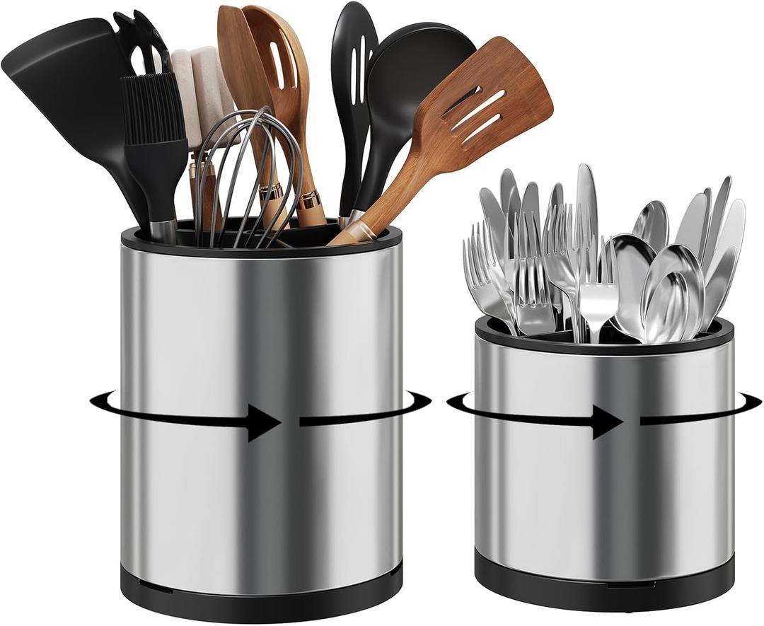 Extra Large Utensil Holder for Kitchen Counter, 360Rotating Cooking Utensils Holder for Countertop, Stainless Steel Utensil Crock for Spatula,Spoon, 3 Compartment Metal Silverware Crocks for Flatware