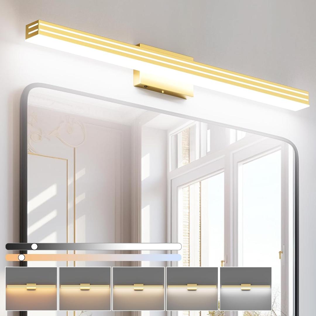 Ralbay 40inch Gold Vanity Light with 5 Color Temperature (2700K-6000K) Dimmable Acrylic Metal 36W LED Modern Matte Gold Bathroom Lighting Over Mirror