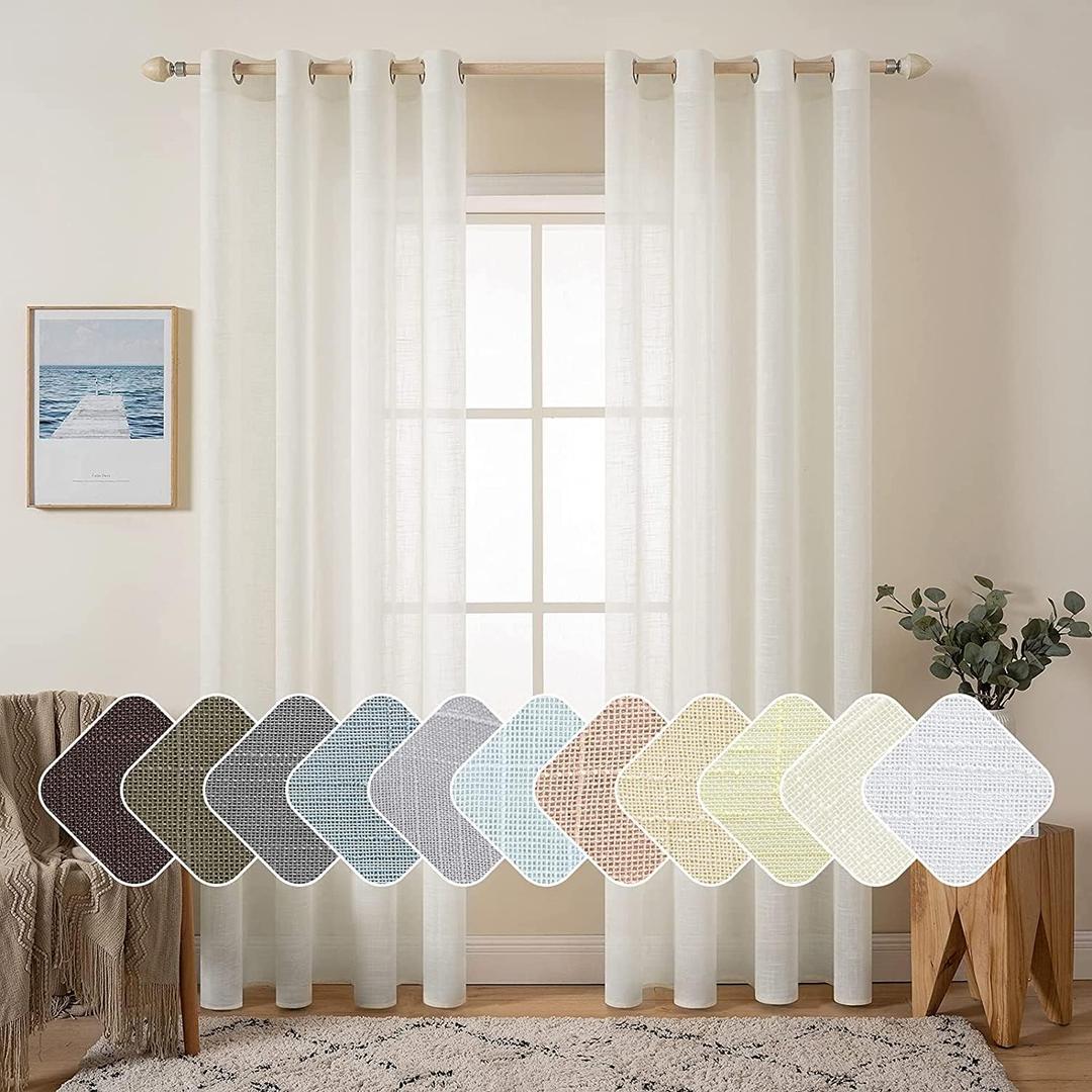 MIULEE 2 Panels Natural Linen Long Semi Sheer Window Curtains Elegant Solid Ivory Drapes Grommet Top Window Voile Panels Linen Textured Panels for Bedroom Living Room (52X108 Inch) (52"W x 108"L (Pack of 2))