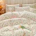 CCoutueChen Floral Duvet Cover Queen 3Pieces 100% Cotton Duvet Cover Gardern Farmhouse Botanical Flower Bedding with 2 Pillowcases(No Comforter,Beige)