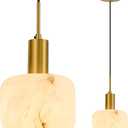 Natural Alabaster Pendant Lights Kitchen Island Fixtures,White Marble Shade Brass Finish Modern Pendant Light for Bedroom Bedside Dining Room Living Room Hallway(with Natural Crack)
