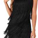 LYANER Women's Sexy Tassels Flapper Dress Deep V Neck Layered Fringe Sleeveless 20s Mini Dresses Black X-Small