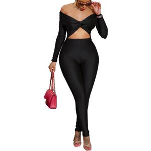 Atyfuniby One Piece Jumpsuits for Women - Sexy Off The Shoulder Twist Front High Waisted Bodycon Rompers Club Night Outfits (Black)