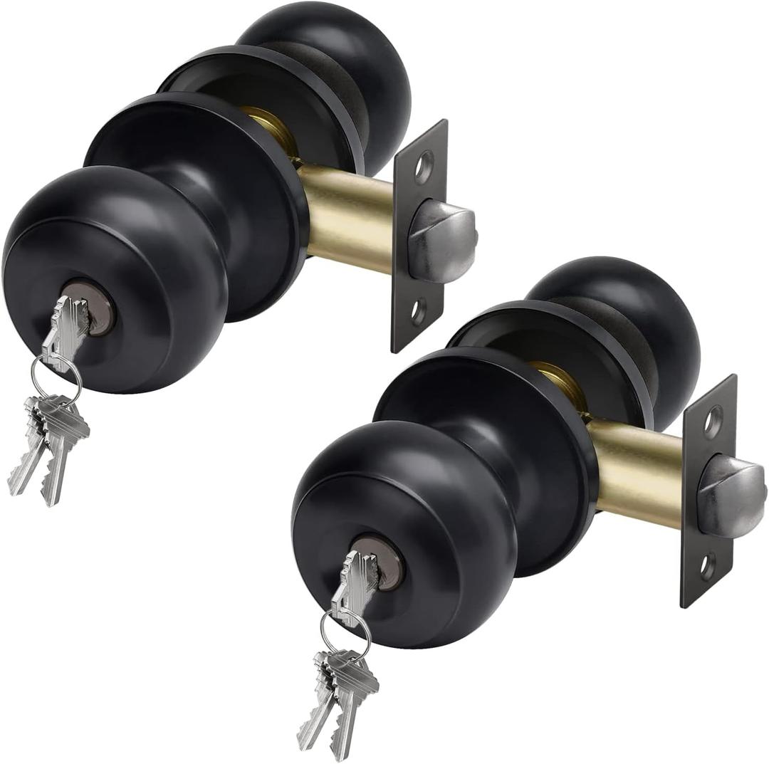 CML Hardware Entry Door Knob with Lock and Key, Keyed Different, Exterior Door Lock Sets for Front/Back Door, Round Ball Handle, Matte Black, 2 Pack