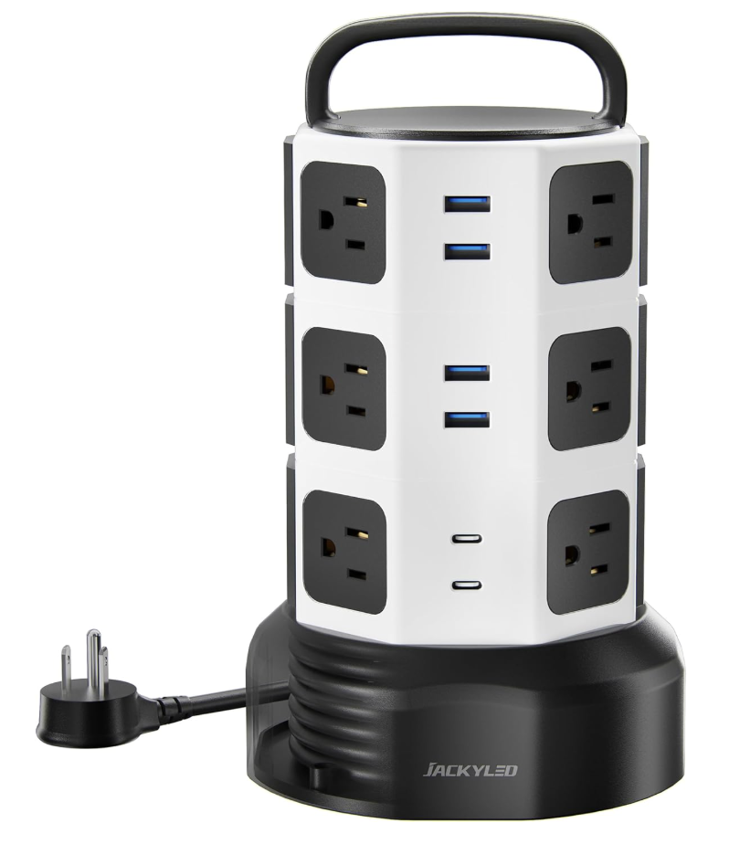 Power Strip Tower Surge Protector, JACKYLED 12 Outlets 6 USB (2 USB C) Charging Station, Extension Cord with Multiple Outlets, 1050J 1625W/13A Outlet Extender 6.5ft Extension Cord for Home Office
