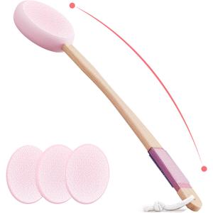 Svarvns Lotion Applicator With 4 Replaceable Pads for Back, Self, Elderly, Women - Cream Medicine Applicator With 17" Curved Handle Easy to Target Back and Feet, Pink