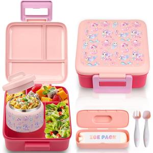 Bento Lunch Box for Kids with 8oz Soup Thermo Leak-Proof Lunch Food Containers with Snack Sauce Container for Kid Girls Boys to School (Pink Mermaid)