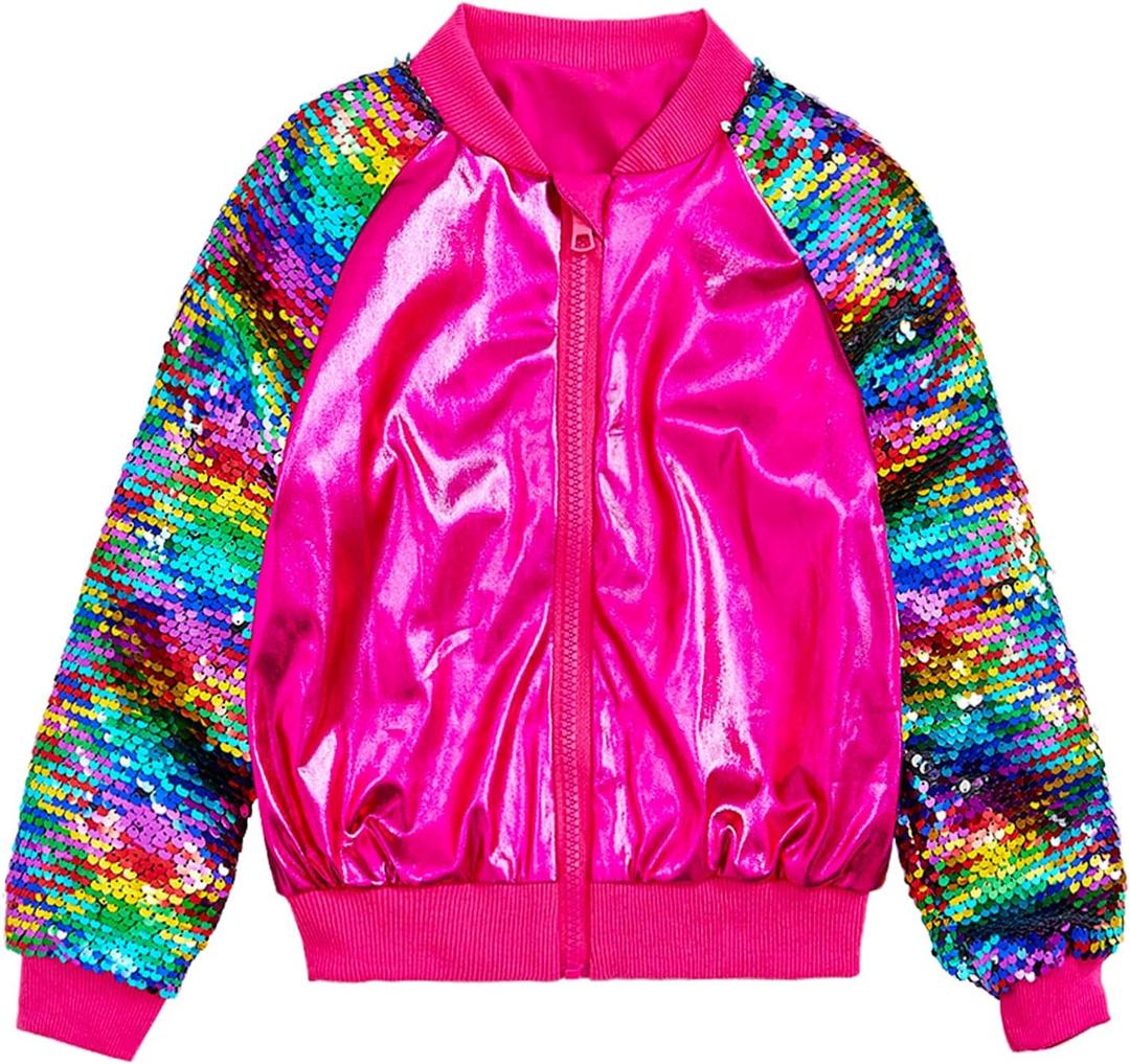 Girls Flip Sequin Jackets Kids Rainbow Sparkle Outwear Toddler Boys Glitter Sleeve Shiny Metallic Coat Birthday (Pink, XXXL)