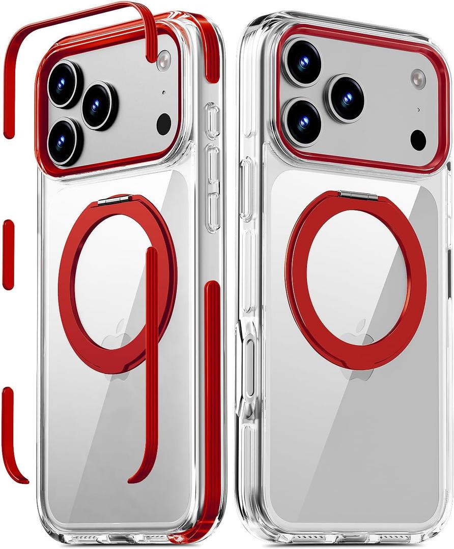 Magnetic for iPhone 17 Pro Max Case with 360 Spin Stand, Compatible with MagSafe, Military-Grade Protection, Detachable Strip, Anti-Yellowing Clear Phone Case for iPhone 17 Pro Max 6.9", Red
