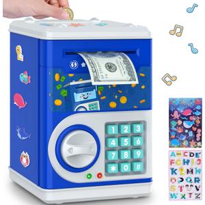 Dark Blue Piggy Bank for Kids with Password Code Lock and Auto Grab Bill Slot, PhilaeEC Real Money Cash Coin Can Saving Box Electronic Money Safe Bank, Hot Gift for 4 7 8 9 10 11 Year Old Boys Girls (Bark Blue)