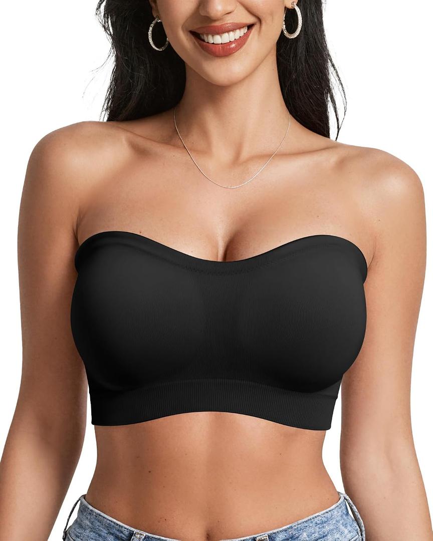 OEAK Strapless Bras for Women Wireless Bandeau Bra Non Slip Push Up Tube Top Seamless Bras Comfortable Padded Bralette (Black, L)