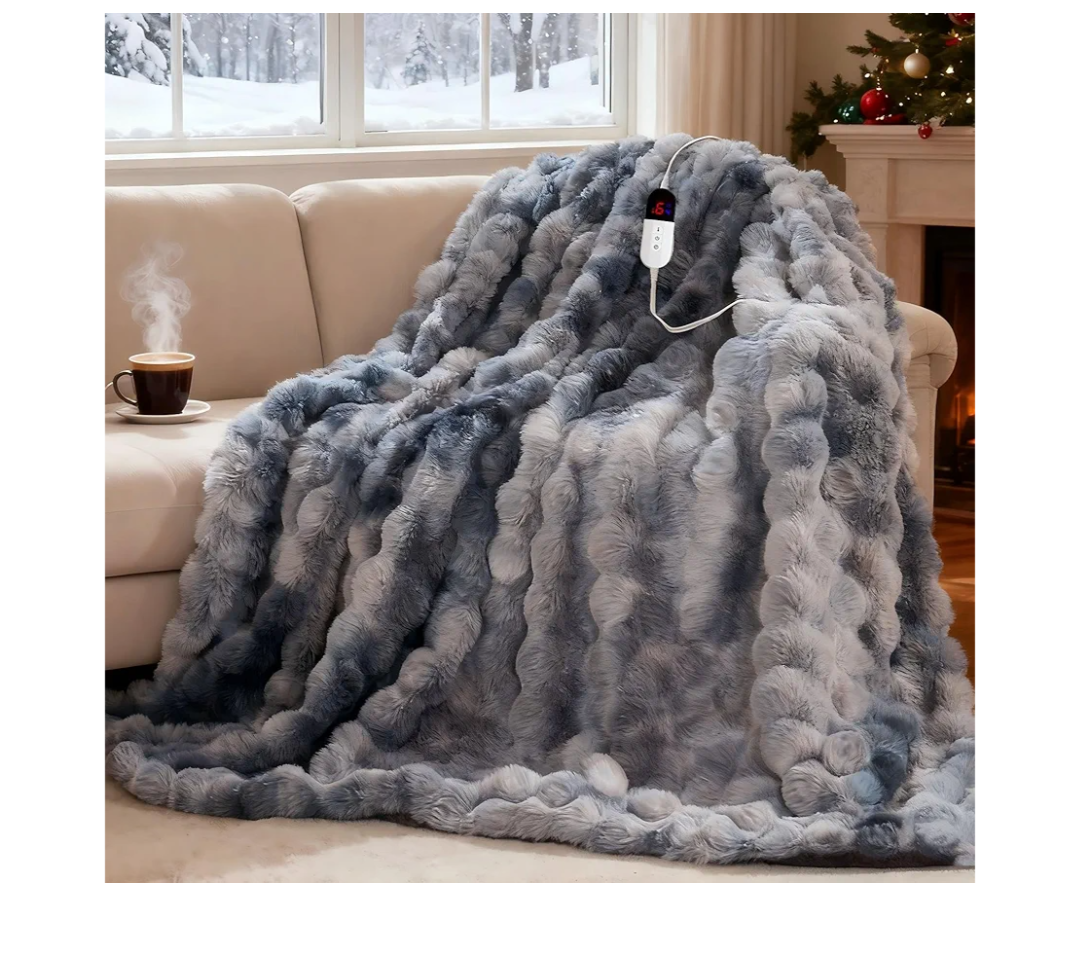 Electric Blanket, Soft Faux Rabbit Fur Bubble Heated Blanket with Dual Control 6 Heating Levels & 4 Hours Auto-Off, Machine Washable, Fast Heating (Black Gray, 50"X60")