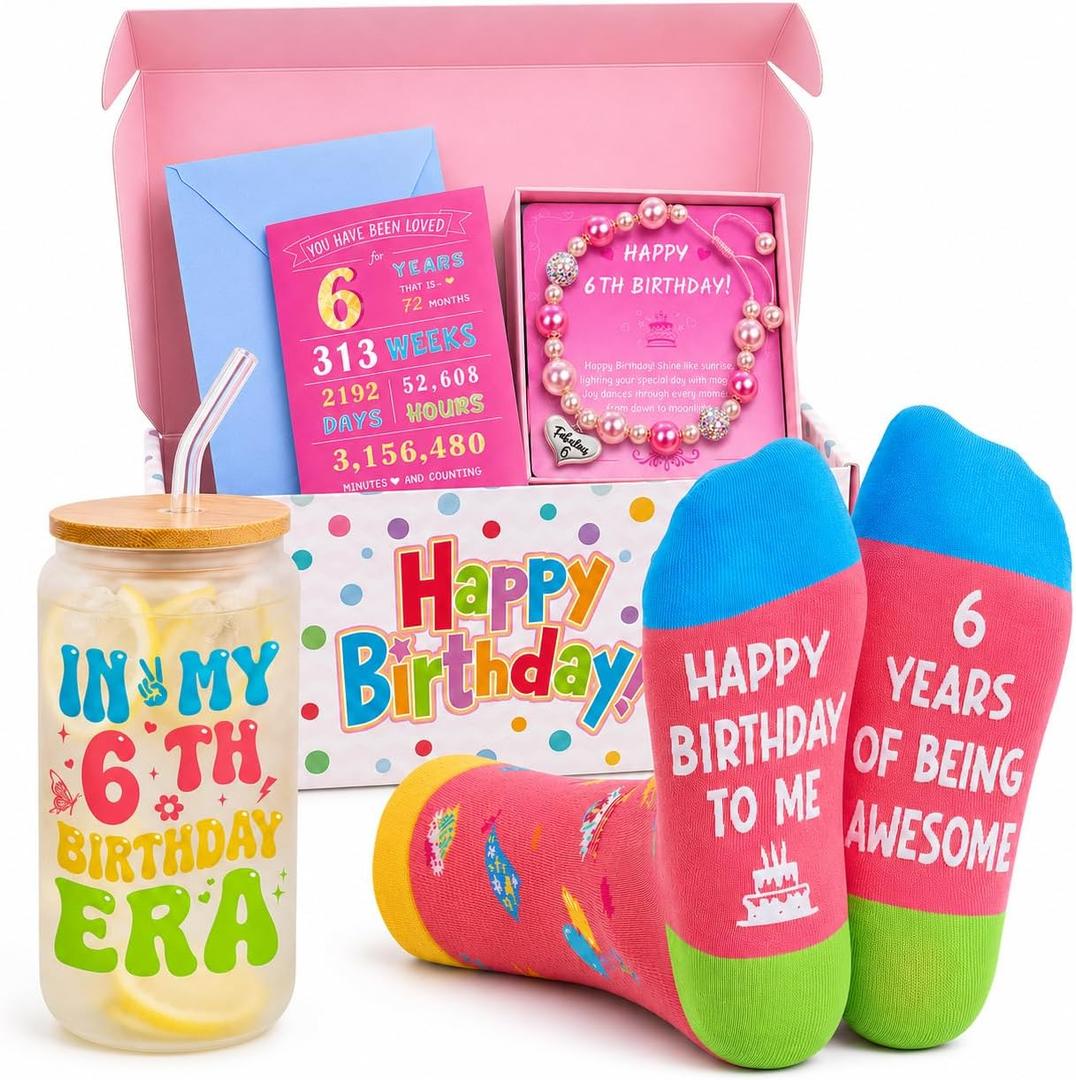 HAPPYPOP 6th Birthday Gifts for Girls - in My 6th Birthday Era Gift Set with 13oz Glass Tumbler, Bracelet & Cute Socks for Daughter Granddaughter