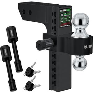 Rhino USA Adjustable Trailer Hitch (Fits 2-Inch Receiver)-Heavy Duty Aluminum Tow Hitches with 10-Inch Drop/Rise for Truck (12,500 LBS GTW) - Weatherproof Double Anti-Theft Locking Hitch Pins (Black)