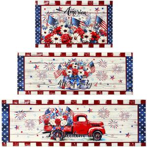 Drydiet 3 Pcs 4th of July Kitchen Rugs Patriotic Kitchen Floor Mats Independence Day Memorial Day American Rugs Non Slip Washable Mats for Home Bedroom Bathroom, 20 x 32, 20 x 47, 20 x 59 Inch