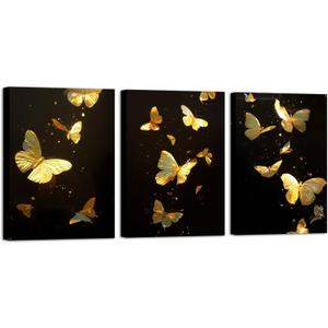 3 pieces Abstract Gold Butterfly Paintings Mimimalist Canvas Wall Art Flower Pattern Pictures Artwork Framed for Bathroom Living Room Bedroom Dining Room Kitchen Home Office Wall Decor