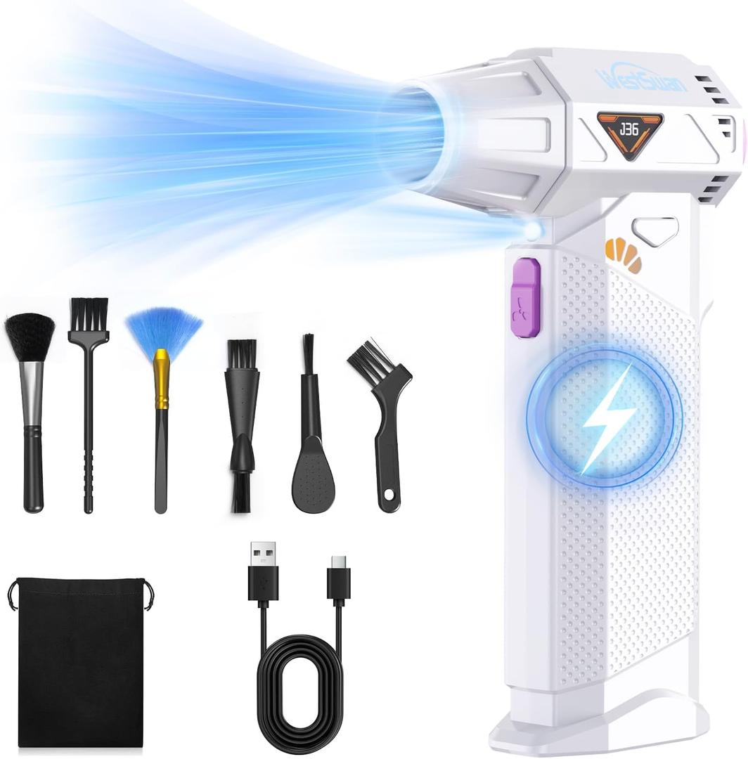 Compressed Air Duster, 210000RPM Mini Electric Air Duster Equipped with Continuously Variable Speed, Cordless Turbo Blower for Keyboard, PC, Car, Home, Outdoor (White)