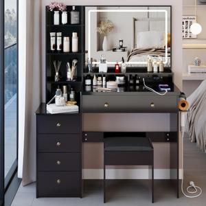 41" Large Vanity Desk with Mirror and Lights and Chair, Vanity Set with Lights and Stool, Power Outlet, Makeup Vanity with Drawers, 3 Adjustable Lighting, Dressing Table for Bedroom Dressing Room