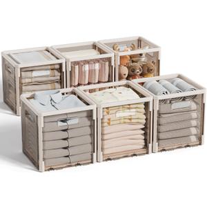 HAIXIN Clear Storage Cube Bins - 6 Pack Open Cube Storage Bins 10.5''x10.5 Collapsible Cubby Bins Plastic Cube Organizer Bins See-through Storage Containers for Closet Wardrobe Bedroom Dorm (Beige)