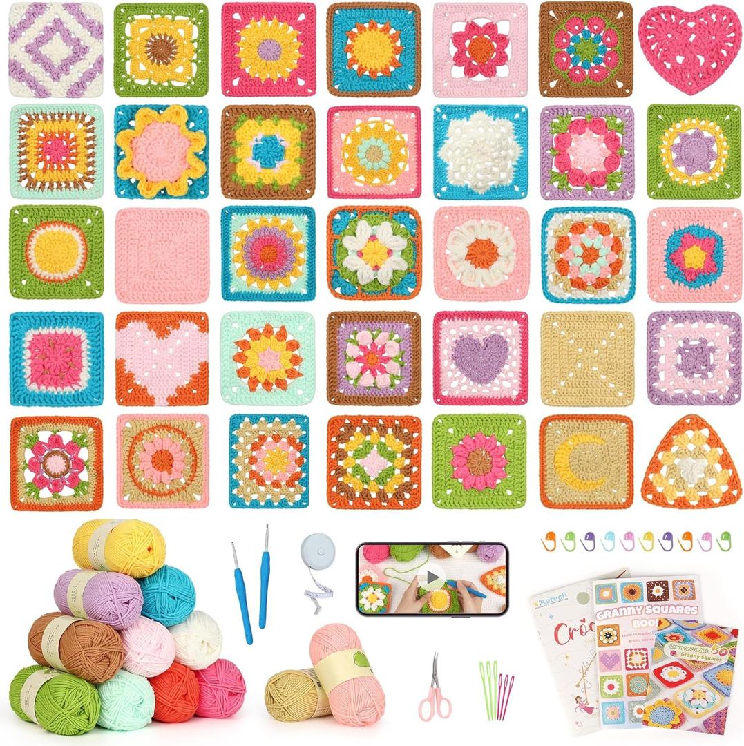 Katech Crochet Kit for Beginners-Crochet Kit for Adults Kids w/Step-by-Step Video Tutorials, Learn to Crochet 50 Pattern Granny Square Kit Crochets Starter Kits w/Upgraded Yarn-Zero Based Friendly (Brown-orange gradient)