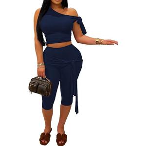 CXXQ Women Sexy 2 Piece Outfits Club Self Tie Crop Top Capri Leggings Sets Tracksuits, Summer, Off Shoulder, Pantsuits, Clubwear, Party, Night Out, Matching Set, Pants, High Stretch, Slim Fit, Medium