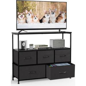 DUMOS TV Stand Dresser for Bedroom Entertainment Center with 5 Fabric Drawers Storage Organizers Units, Media Console Table with Open Shelf up for 45" Television for Living Room, Dorm, Classic Black