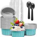 50Pcs Mini Aluminum Foil Cupcake,5oz Baking Cups with Lids,Mini Cake Pans Disposable,Loaf Pans with Lids,Disposable Ramekins,Tin Cups Containers for Cupcake,Pudding,Muffin,Cheesecake (Light Blue)