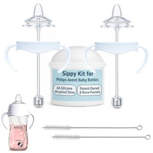 Sippy Cup Conversion Kit for Philips Avent Natural Baby Bottles 2-Count, Food Grade Silicone Spout Nipples and Weighted Straw, Bottle Handles, Cleaning Brush, BPA-Free, Straw Transition, 4+ Months