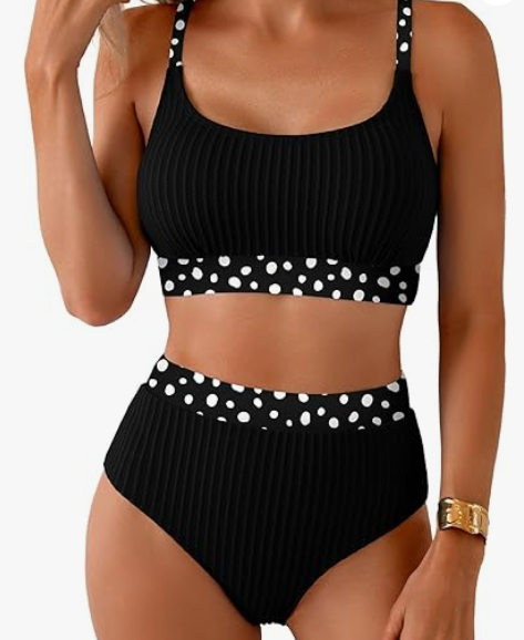 Herseas Women's Textured Bikini Sets Floral Print Trim Scoop Neck Swimsuits High Waisted Bathing Suits, XL