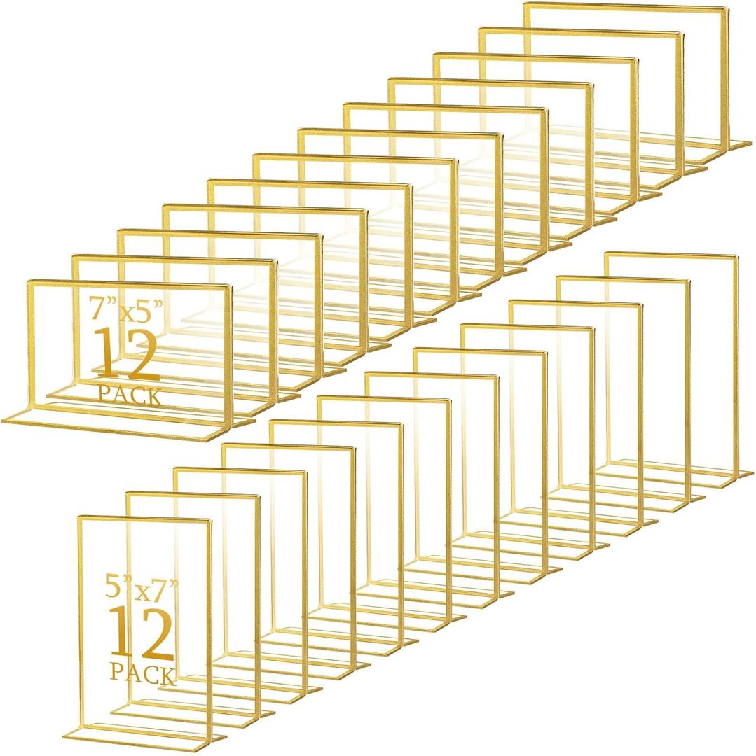 Hoteam 24 Pack Gold Acrylic Sign Holders, Gold Picture Frame, Clear Wedding Table Number Double Sided Acrylic Stand for Wedding Restaurant Photo Menu Art Event Display(5 x 7 Inch,Horizontal,Vertical)