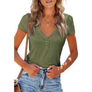 PRETTYGARDEN Women's Summer Casual Henley T-Shirts Short Sleeve V Neck Button Up Ribbed Knit Slim Fit Basic Tops (Green, Small)