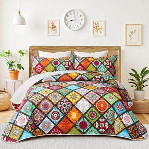 Tyrot 3 Piece Boho Colorful Quilt Set King Size Bohemian Reversible Bedding Set Microfiber Lightweight Bedspread Coverlet with 2 Sham Patchwork Mandala Print Bed Covers for All Season, 106''x96''