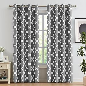 Melodieux Moroccan Printed Room Darkening Blackout Grommet Curtains for Living Room Bedroom, 52 by 72 Inch, Grey (2 Panels)