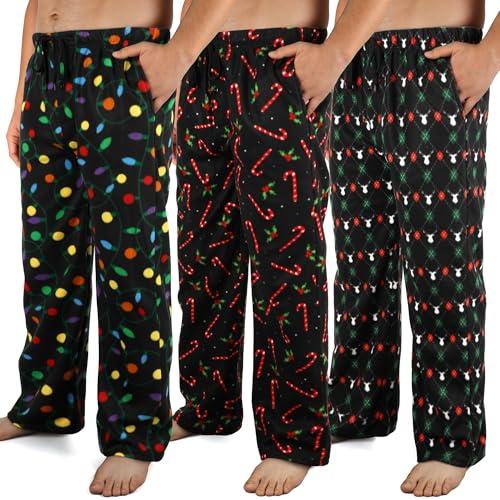 Wenouy 3 Pack Mens Christmas Pajama Pants Microfleece Plaid Pajama Bottoms Sleepwear PJ Sleep & Lounge Pants with Pockets & Drawstring XXX-Large, Black Xmas Lights, Black Elk, Black Candy Cane