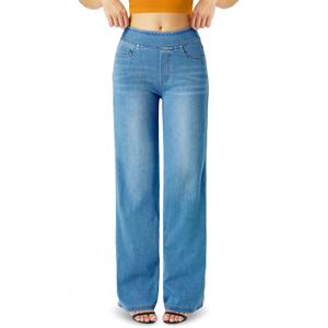 High Waisted Straight Leg Jeans for Women，Stretch Knit Denim Wide Leg Pants Relaxed Fit Boyfriend Jeans with Pockets