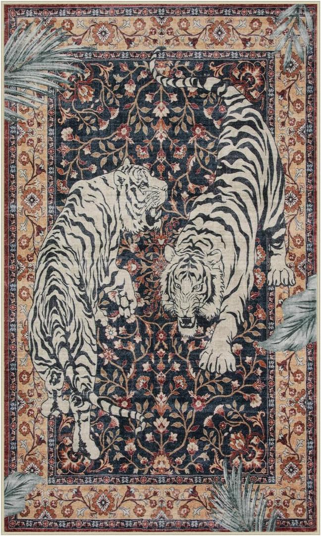 Moynesa Tiger Machine Washable Rug, 3 x 5 Entryway Area Rug Non Slip Vintage Soft Rug for Living Room, Ultra Thin Boho Stain Resistant Kitchen Throw Mat for Entrance Bedside, Puce Red