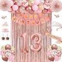 13th Birthday Decorations for Girls, Rose Gold 13 Birthday Girl Decorations with Official Teenager 13 Sash and Crown, Banner, Fringe Curtains, Hanging Paper Fans,13 Year Old Party Supplies Set