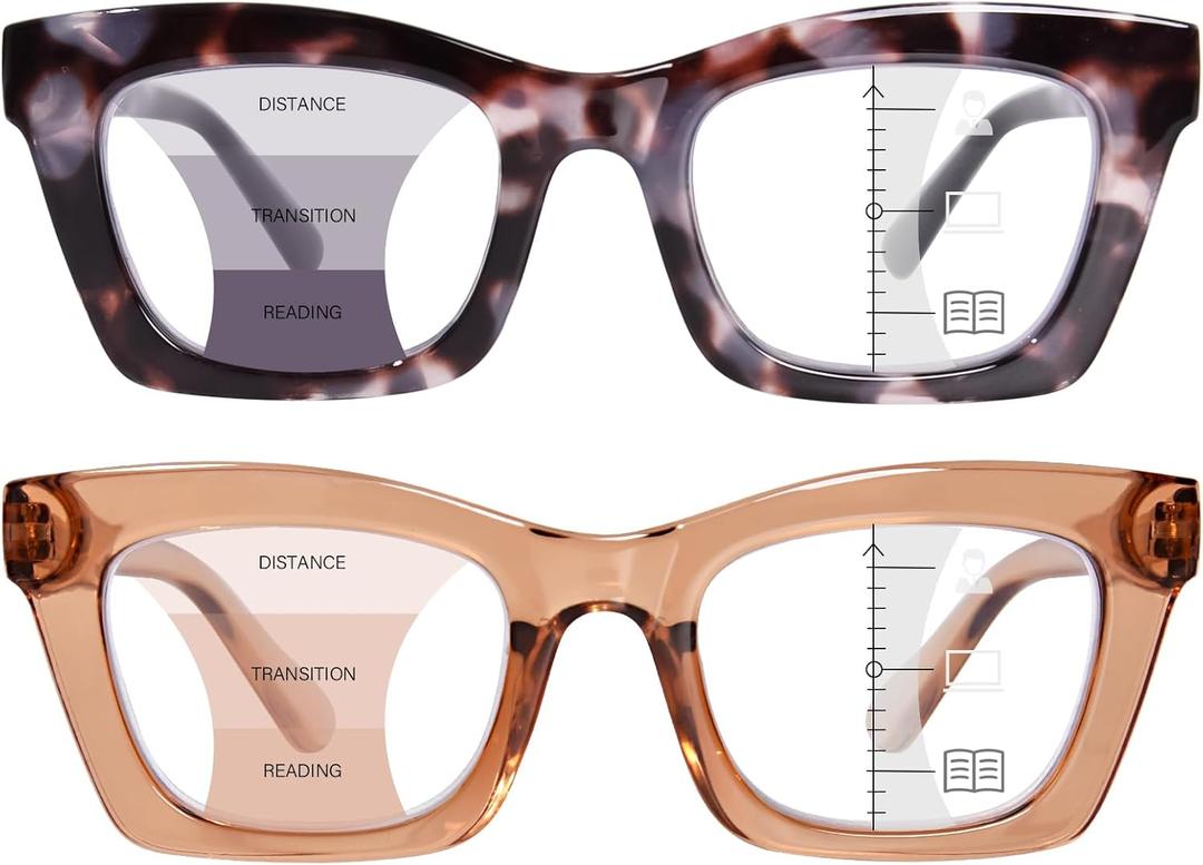 Progressive Reading Glasses for Women Oversized Spring Hinges Progressive Computer Readers Blue Light Blocking (Champagne + Grey Tortoise)