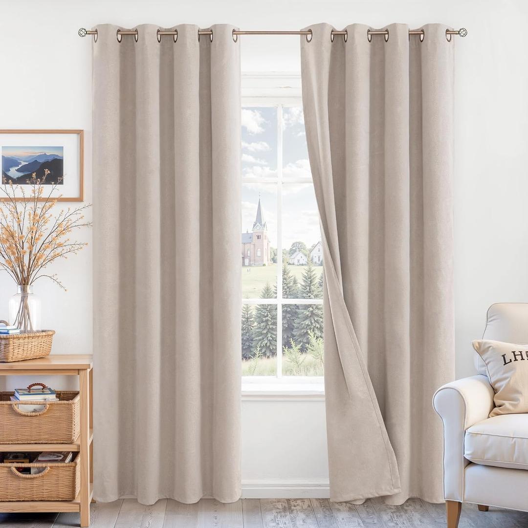 BGment 100% Blackout Curtains for Bedroom/Living Room- 84 Inch Long Linen Textured Thermal Insulated Total Light Blocking Bronze Grommet Window Drapes for Farmhouse, 2 Panels, 52 x 84 Inch, Tan (Natural)