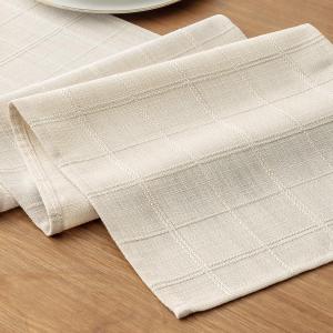 Linen Textured Table Runner, Ivory Table Runners 72 Inches Long | Raised Grid Embroidery Design, Machine Washable, Farmhouse Neutral Checked table runner, Dresser Kitchen Dining Table Decor