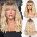 HAIRCUBE Long Wig with Bangs Synthetic Wavy Wigs for Women Blonde with Highlights Color