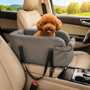 Waterproof Faux Leather Center Console Dog Car Seat, 2-in-1 Portable Puppy Carrier & Armrest Booster Seat for Small Dogs, Easy-to-Clean Tech Fabric, Sturdy Cushioned, Anti-Collapse Walls, Under 11 lbs
