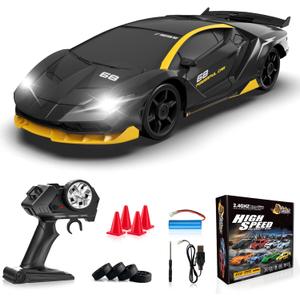 Remote Control Car, 1/24 Scale RC Drift Car, 4WD 15KM/H High Speed RC Cars, Racing Sport Toy Car with LED Lights, Racing Tire, Birthday for Kids Boys Girls, Rechargeable Battery