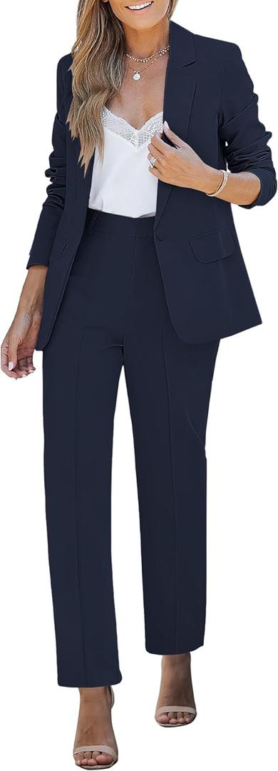 luvamia Women's Two Piece Sets Pants Suits Dressy Business Casual Outfits Professional Blazer Pantsuits Set Work Office (Large, Navy Blue)
