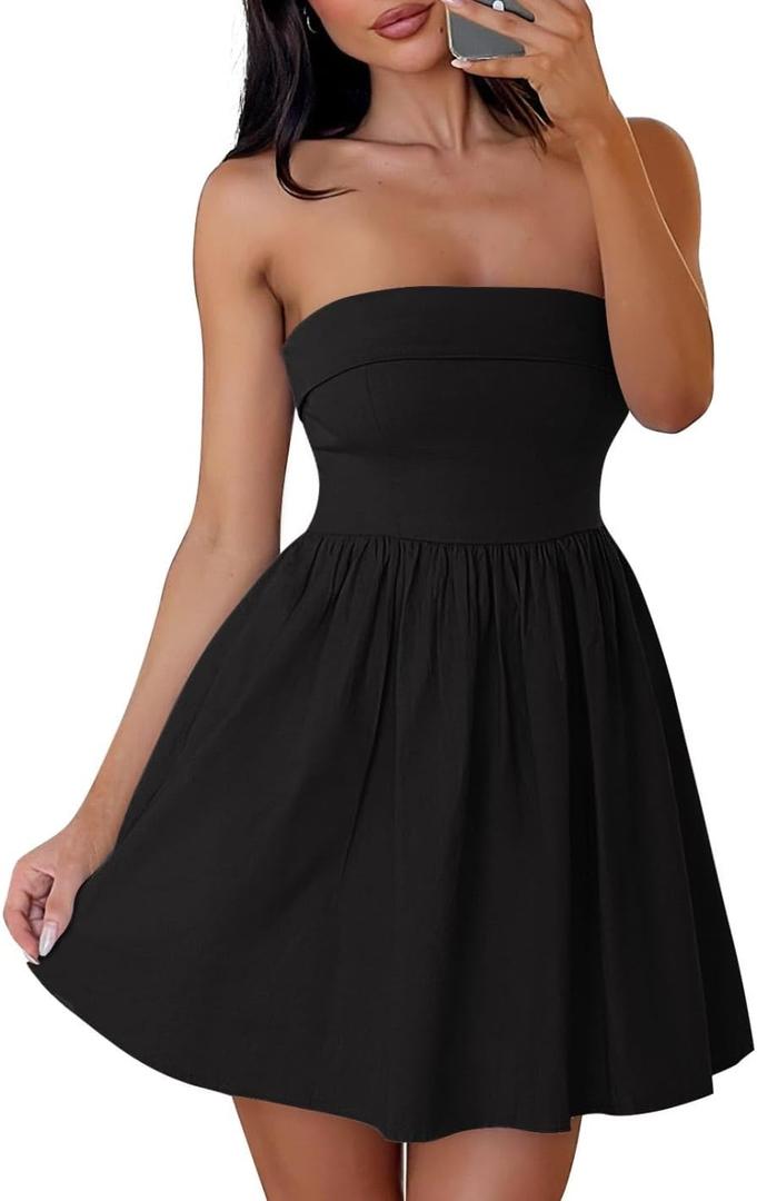 ZESICA Women's Summer Strapless Mini Dress 2026 Casual Off Shoulder A Line Swing Boho Beach Vacation Party Short Dresses (Black, M)