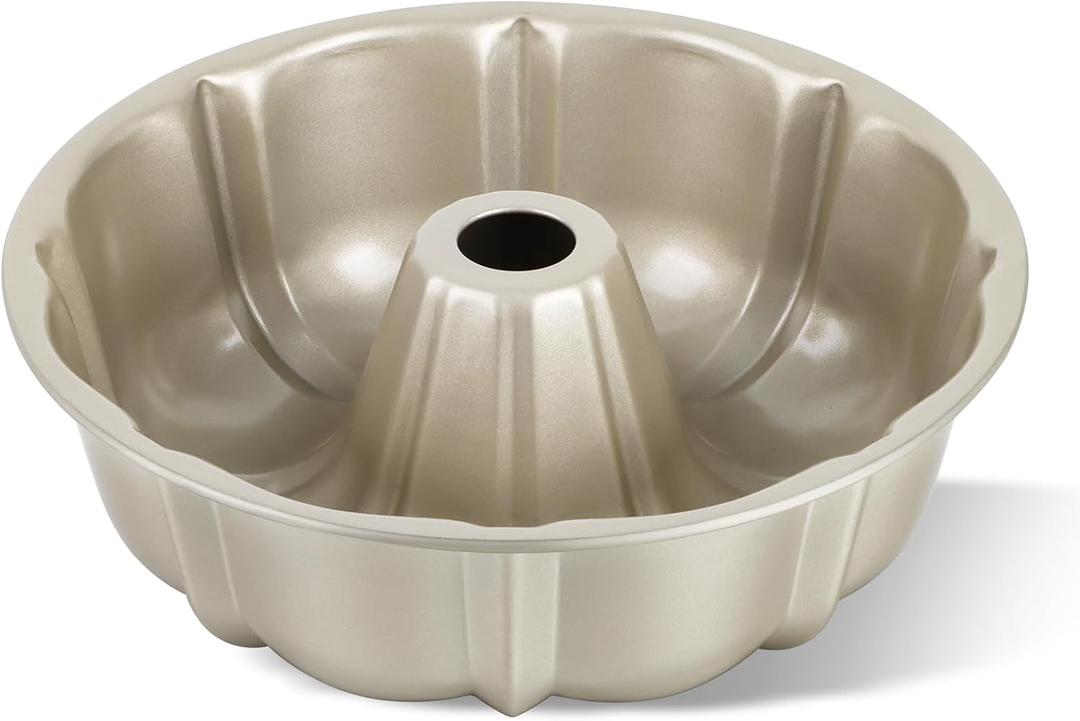 TeamFar 10 Inch Nonstick Cake Pan, 10 Cups Fluted Tube Cake Pan for Baking, Heavy Duty Carbon Steel Round Baking Tray for Making Jello/Monkey Bread/Chocoflan, Non Toxic, Easy Clean-Champagne Gold
