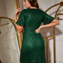 Dressystar Women Sequin Cocktail Prom Dress Semi Formal V Neck Short Sleeve Glitter Sparkly Bodycon Elegant Party Dresses (L)