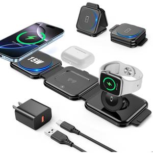 3 in 1 Charging Station for Apple Devices 20W Foldable Mag-Safe Charger for Travel Wireless Charger Pad for iPhone 16 15 14 13 12 Pro/Pro Max/Plus/Mini AirPods 2/3/Pro iWatch Ultra/8/7/SE/6/5/4/3/2 (Black)