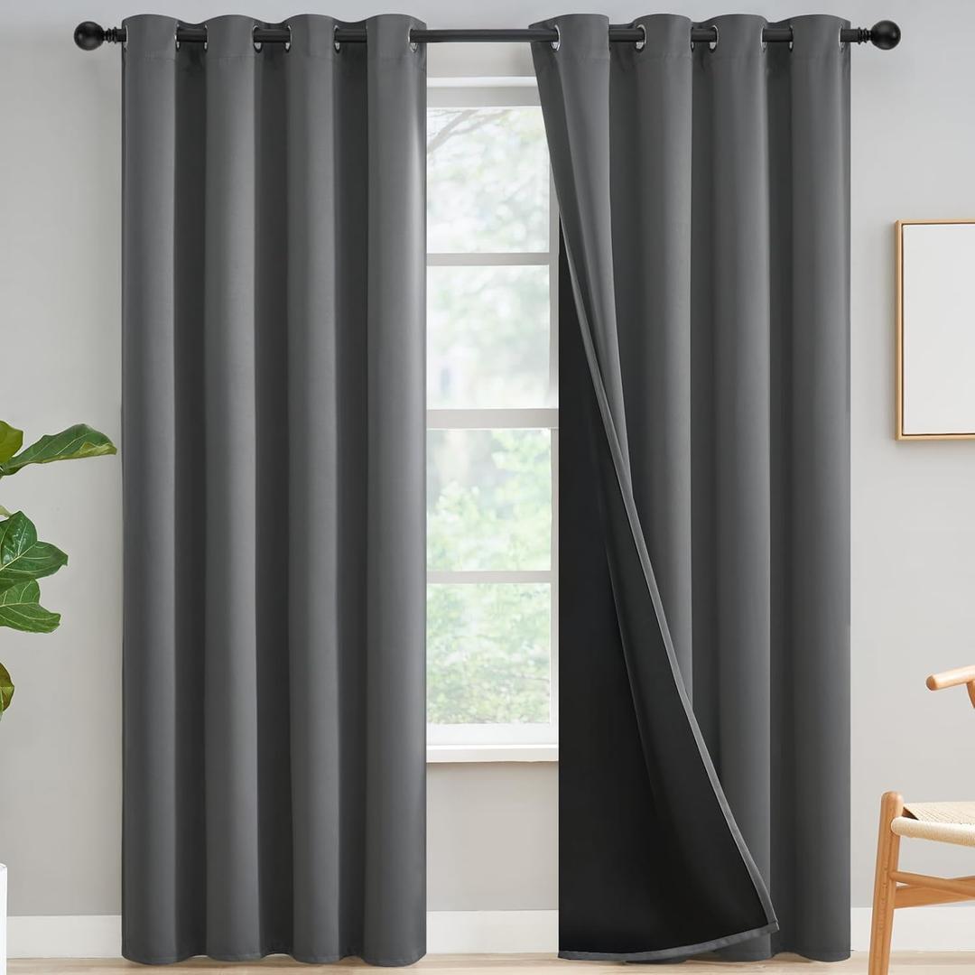 Yakamok 100% Blackout Curtains for Bedroom 90 Inch Length, Grey Full Light Blocking Drapes with Black Backing, Noise Reducing Thermal Insulated Grommet Panels for Living Room, 52Wx90L,Gray, 2 Panels