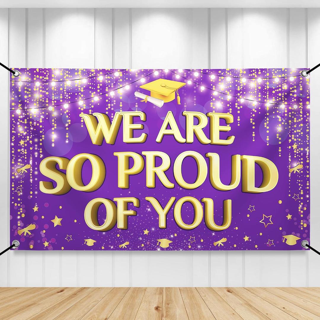 KatchOn, We are So Proud of You Banner - XtraLarge, 72x44 Inch | Graduation Backdrop Purple and Gold for Graduation Party Decorations 2026 | Congratulations Banner for Graduation Decorations 2026